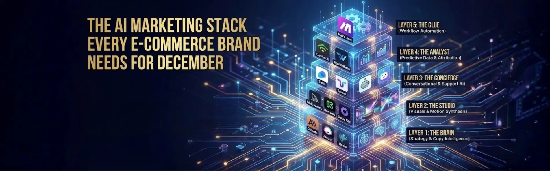 Diagram of an AI marketing stack for e-commerce brands, showing five layers including strategy, visual creation, conversational AI, predictive analytics, and workflow automation with tools like Midjourney, Runway, Klaviyo AI, Teal, and Opus Clip.