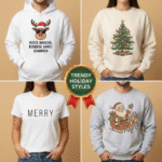Collage of trendy Christmas sweatshirt designs including a reindeer pun hoodie, Christmas tree crewneck, minimalist “Merry” tee, and Santa sleigh sweatshirt with a central badge reading “Trendy Holiday Styles.” Perfect showcase of Christmas sweatshirt designs.