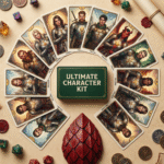 A circular arrangement of detailed fantasy paladin character cards surrounding a green box labeled “Ultimate Character Kit,” along with RPG dice, coins, and a dragon-scale prop. Ideal for showcasing fantasy character prompts.