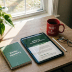 Warm desktop scene with a tablet displaying “Weekly Market Update,” a green notebook labeled “Email Scripts,” a red holiday mug, glasses, and a plant near a bright window; mortgage business prompts workspace aesthetic.