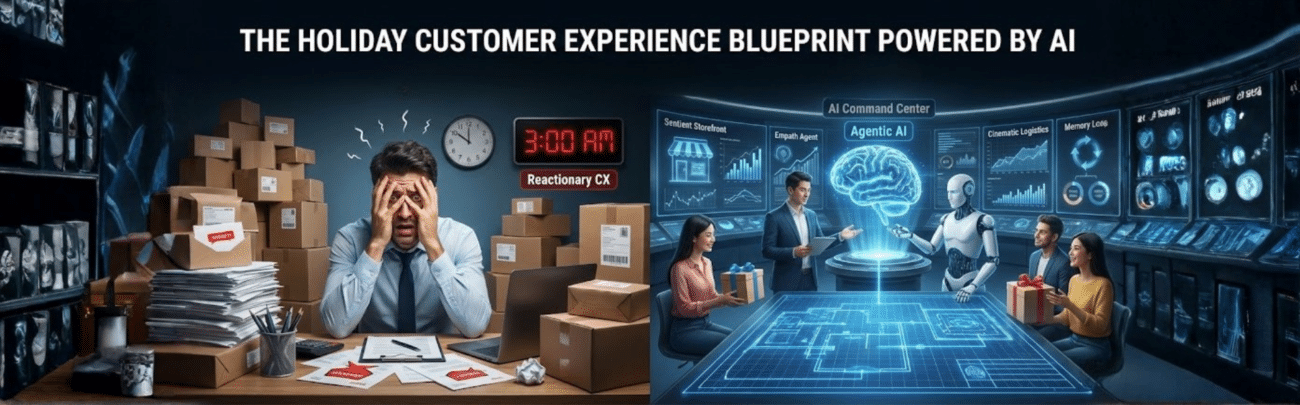Split-scene illustration comparing chaotic holiday customer service with an advanced AI customer experience system, featuring an AI command center, agentic AI, and automated gift support.