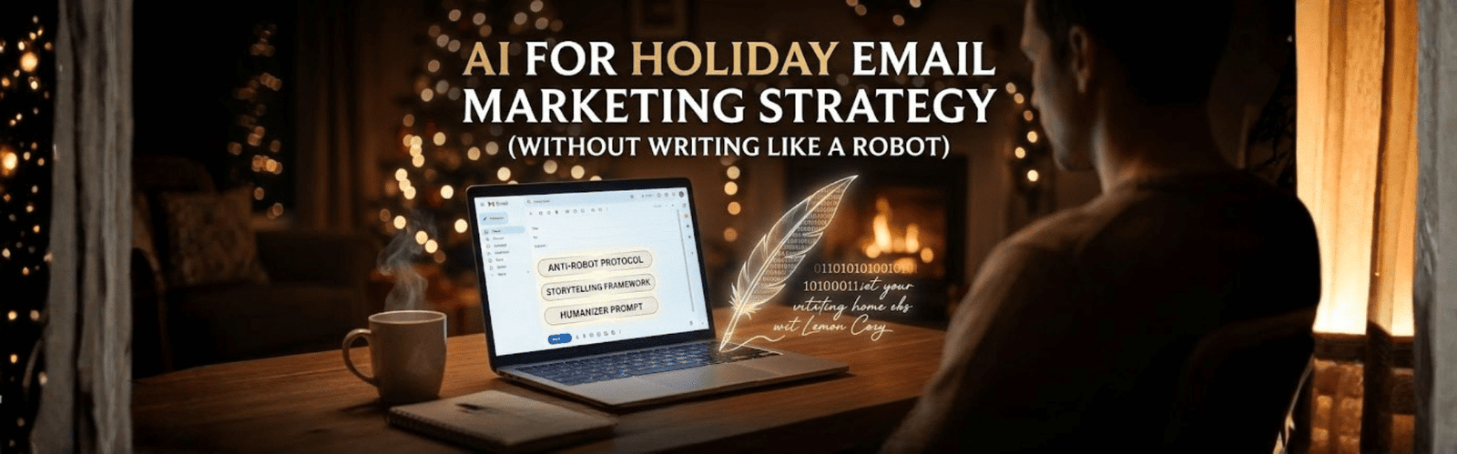 Holiday-themed workspace showing a person crafting emails on a laptop using AI email marketing tools, featuring humanizing prompts and storytelling frameworks beside a cozy Christmas fireplace