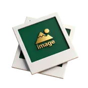 A stack of green polaroid-style image frames with a golden photo symbol, representing AI-generated visuals and creative assets.