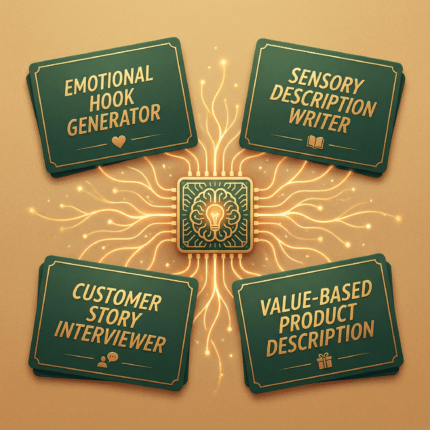 Visual representation of AI tools supporting post-holiday marketing—emotional hooks, sensory descriptions, customer stories, and value-based product messaging.