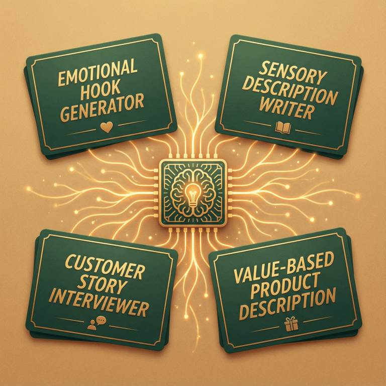 Visual representation of AI tools supporting post-holiday marketing—emotional hooks, sensory descriptions, customer stories, and value-based product messaging.