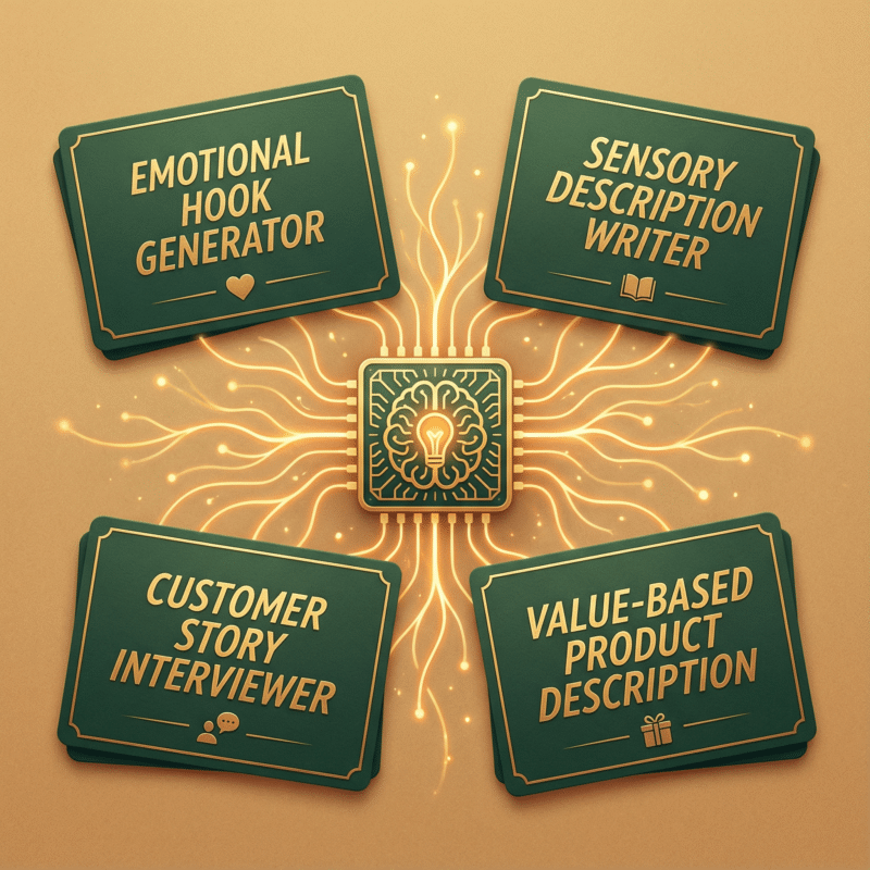 Visual representation of AI tools supporting post-holiday marketing—emotional hooks, sensory descriptions, customer stories, and value-based product messaging.