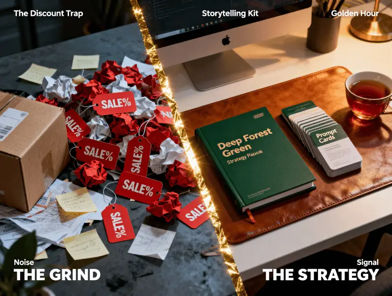 Side-by-side comparison showing cluttered discount-driven chaos versus a clean, strategic workspace featuring a Deep Forest Green Strategy Playbook and Prompt Cards, highlighting the power of narrative-led marketing.