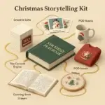 A Christmas storytelling spread featuring a strategy playbook, coloring book, POD designs, festive characters, prompts, and embroidery patterns—perfect for holiday creators and brands.