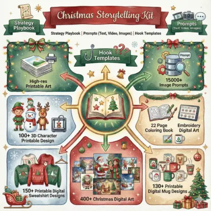 A colorful illustrated Christmas storytelling kit showing printable art, 3D characters, digital mugs, a coloring book, and 15,000+ image prompts—designed for festive digital creators and holiday brands.