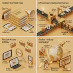 A four-panel golden graphic showcasing holiday content strategy, festive asset libraries, creative workshops, and global Christmas campaigns for high-ROI seasonal storytelling.