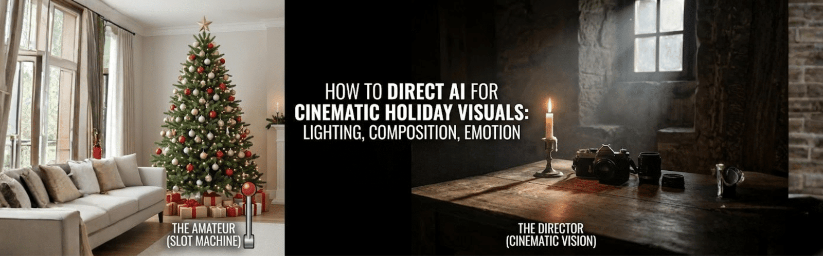 Side-by-side comparison of amateur holiday images versus cinematic AI visuals, showing a plain living-room Christmas tree contrasted with dramatic candle-lit film-style lighting, illustrating how to direct AI for better holiday composition and emotion.