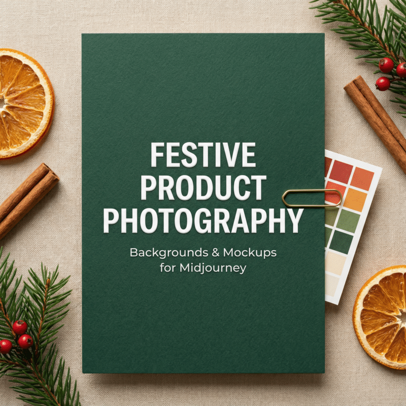 A flat-lay scene featuring a green “Festive Product Photography” workbook surrounded by oranges, cinnamon, pine branches, and a color palette—ideal for festive product storytelling and mockup creation.