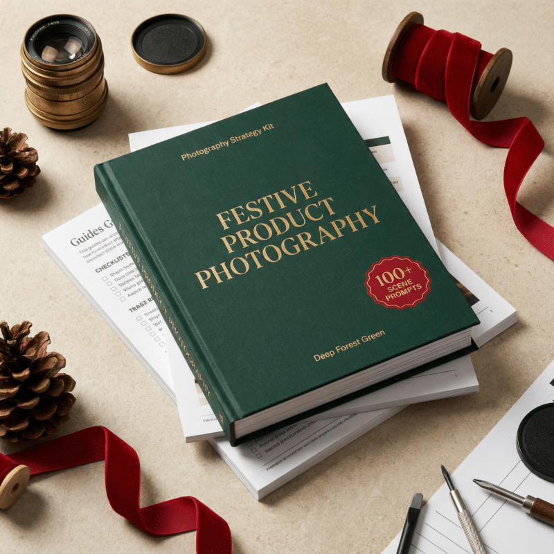 A premium hardcover “Festive Product Photography” book displayed with creative tools, pinecones, velvet ribbon, and camera accessories—perfect for festive product storytelling and creative brand education visuals.