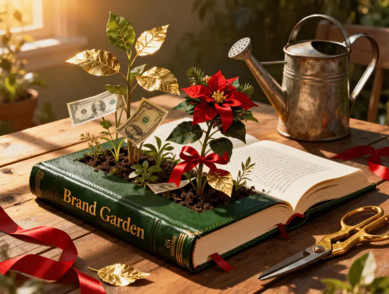 A festive “Brand Garden” book opened on a wooden table with vibrant plants, golden leaves, red ribbons, and dollar bills sprouting from the soil, symbolizing how strategic AI storytelling helps brands grow sales and flourish. A watering can, scissors, and warm sunlight enhance the holiday-themed marketing concept.