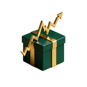 A green gift box with an upward gold arrow representing festive marketing growth, sales acceleration, and campaign performance.