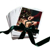 A stack of green polaroid-style image frames with a golden photo symbol, representing AI-generated visuals and creative assets.