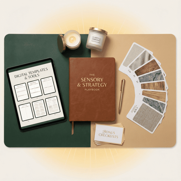 Flat-lay showcase of a post-holiday marketing playbook combining digital templates, storytelling checklists, and sensory brand strategy for sustainable growth.