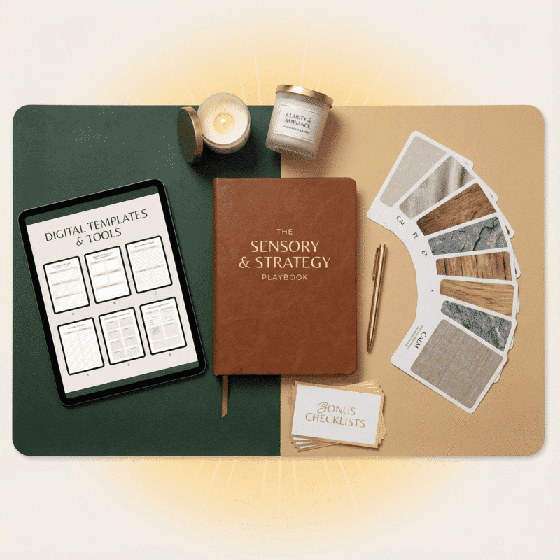Flat-lay showcase of a post-holiday marketing playbook combining digital templates, storytelling checklists, and sensory brand strategy for sustainable growth.