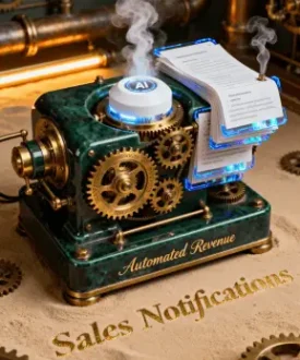 A steampunk-style AI machine with golden gears and glowing blue edges printing rapid sales notifications, symbolizing automated revenue generation for holiday campaigns. The setup conveys efficiency, automation, and high-performance marketing.