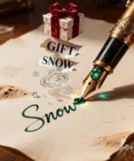 A festive scene showing a glowing emerald fountain pen writing the word “Snow” on parchment as a gift box and swirling snowflakes appear magically above it. Represents AI-powered text-to-image generation with a Christmas storytelling theme.