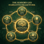 Diagram explaining how post-holiday marketing leverages sensory storytelling—visual, auditory, tactile, and emotional cues—to build trust, memory, and long-term brand recall.