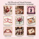 Valentine’s day marketing visual grid featuring romantic concepts like gifts, candlelight dinners, flowers, and cozy moments, designed for consistent ai storytelling and campaign visuals.