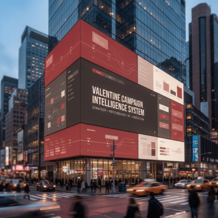 Valentine’s day marketing system displayed as a large-scale urban billboard, representing ai storytelling, strategy, psychology, and execution integrated into one intelligence framework.