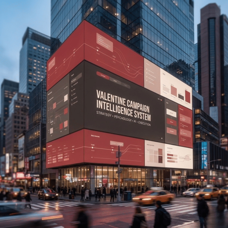 Valentine’s day marketing system displayed as a large-scale urban billboard, representing ai storytelling, strategy, psychology, and execution integrated into one intelligence framework.