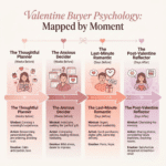 Valentine’s day marketing psychology framework showing buyer mindsets from early planners to post-Valentine reflectors, powered by ai storytelling and emotional journey design.