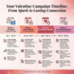 Valentine’s day marketing timeline infographic mapping planning, launch, peak conversion, and post-Valentine retention phases using ai storytelling and structured execution.