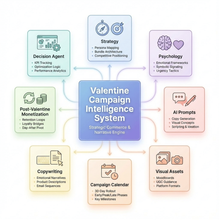Valentine’s day marketing system map connecting strategy, psychology, ai storytelling prompts, visual assets, copywriting, campaign calendar, and post-Valentine monetization.