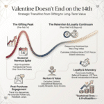 Valentine’s day marketing lifecycle graphic showing transition from gifting peak to long-term loyalty, retention loops, and brand advocacy through ai storytelling.
