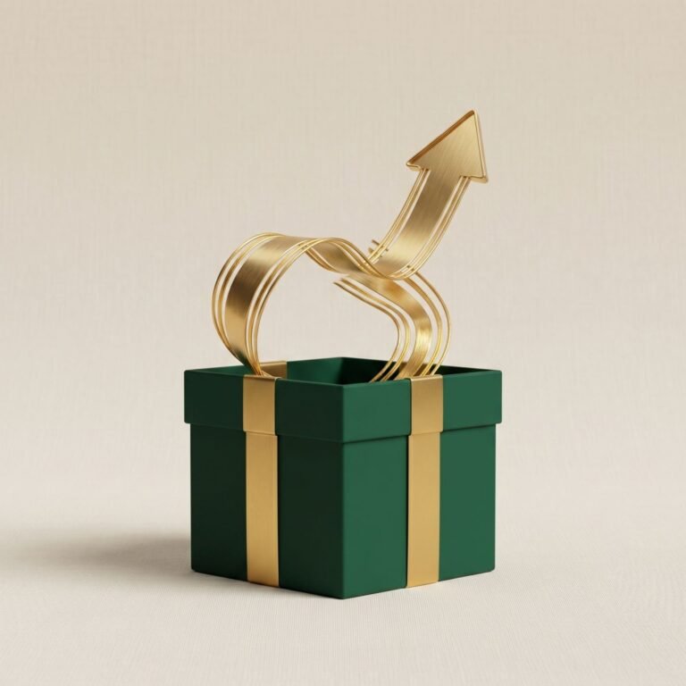 A green gift box with an upward gold arrow representing festive marketing growth, sales acceleration, and campaign performance.