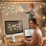 Small business owner managing multiple Mother’s Day customer enquiries while an AI marketing assistant organizes messages into confirmed bookings and product sales