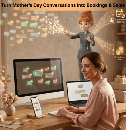 Small business owner managing multiple Mother’s Day customer enquiries while an AI marketing assistant organizes messages into confirmed bookings and product sales